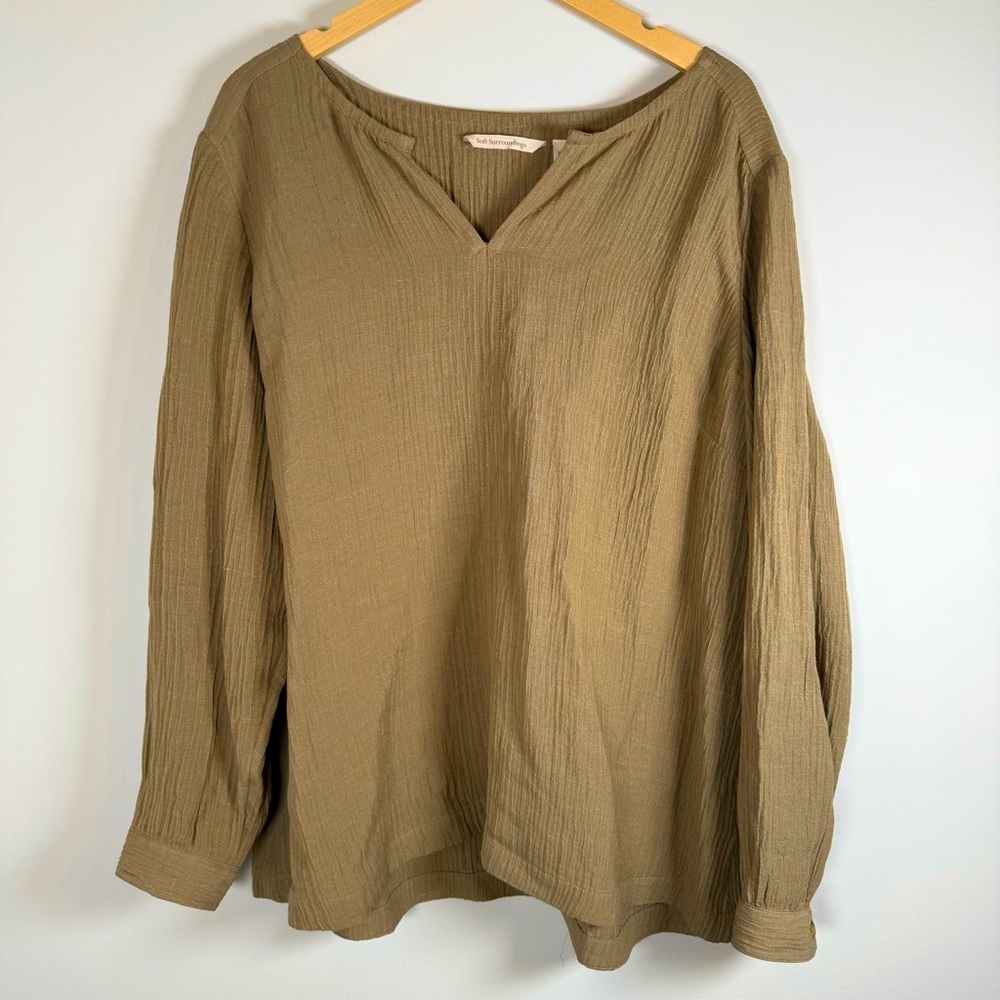 Soft Surroundings Gauzy Textured Long Sleeve Pullover Shirt Top Blouse Brown XL